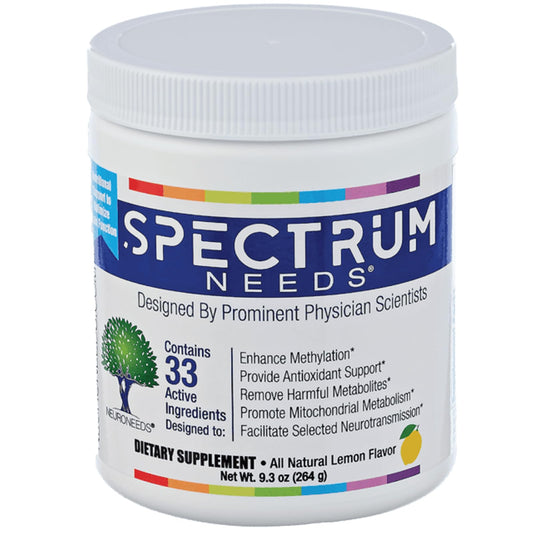SpectrumNeeds lemon bottle front view supporting daily energy and antioxidant defense.