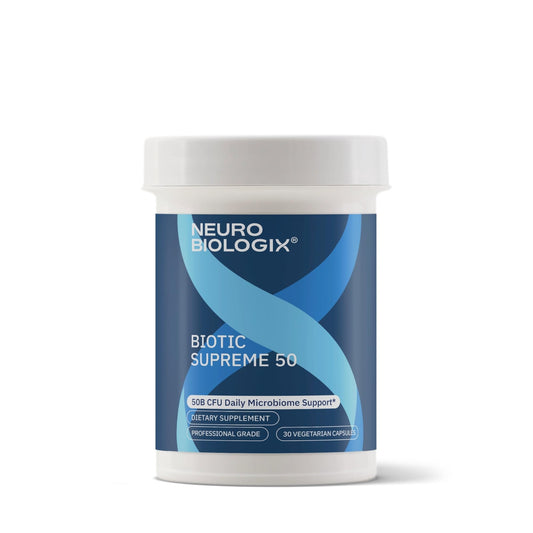 Neurobiologix Biotic Supreme 50 bottle front shows high-potency gut support for daily balance.