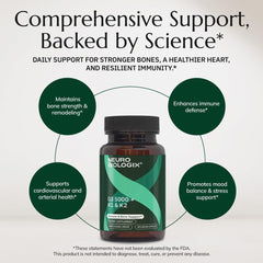 Neurobiologix D3 5000 + K1/K2 bottle highlights calcium-utilization support for bones.