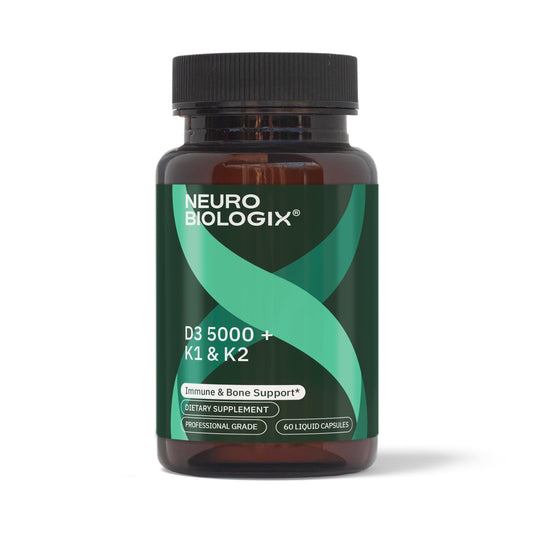 Neurobiologix D3 5000 + K1/K2 bottle demonstrates a bone-supporting vitamin blend for daily wellness.