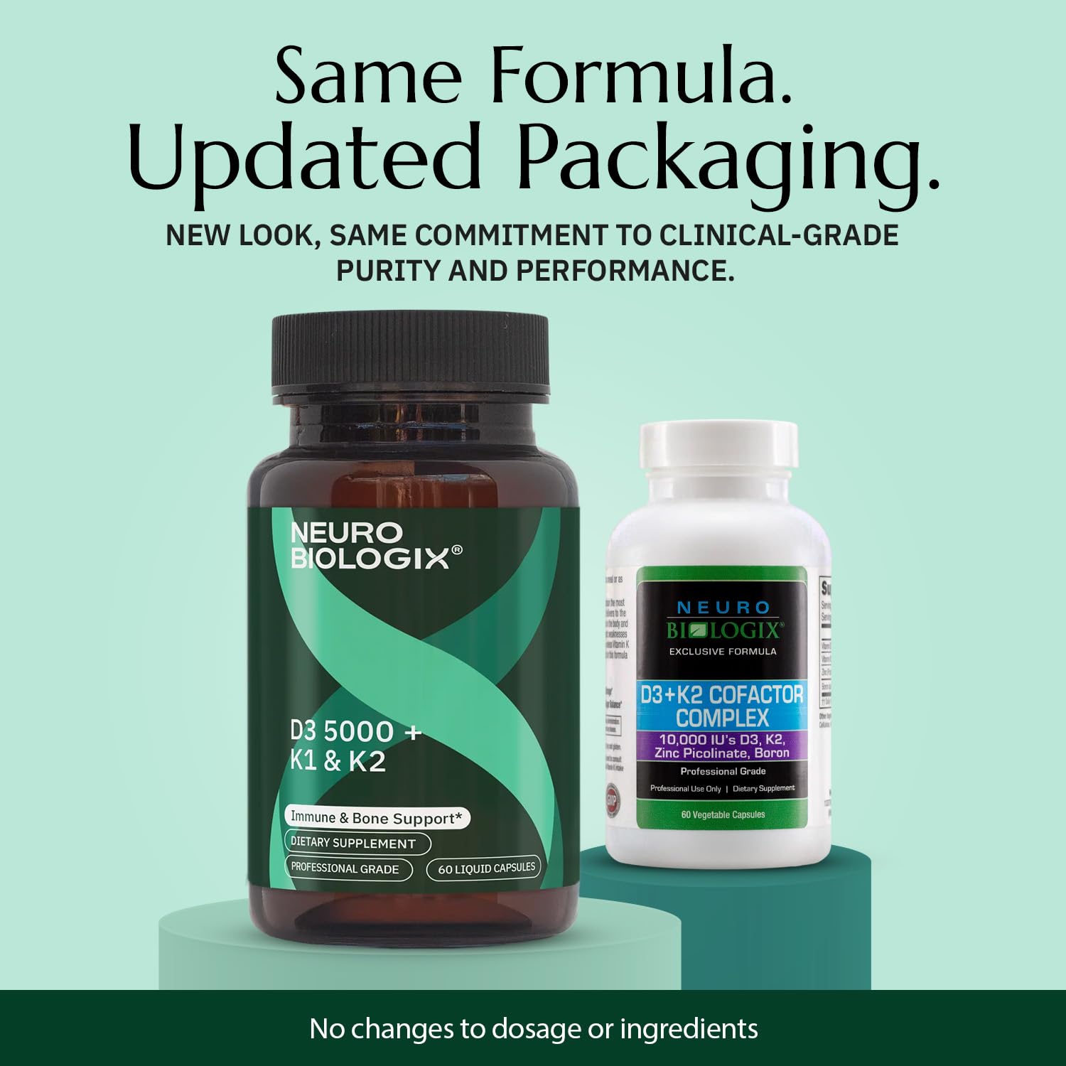 Neurobiologix D3 5000 + K1/K2 capsules shows easy once-daily dosing for immune balance.