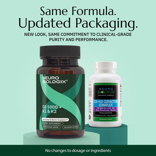 Neurobiologix D3 5000 + K1/K2 capsules shows easy once-daily dosing for immune balance.