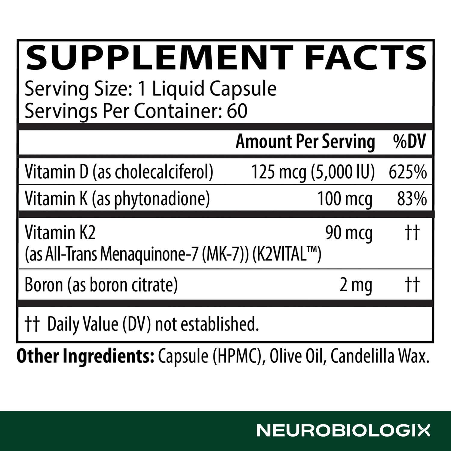 Neurobiologix D3 5000 + K1/K2 label highlights gluten-free and non-GMO features.
