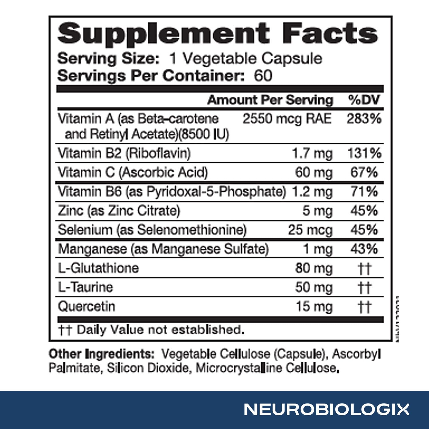 Neurobiologix Glutathione Ultra vitamin icons for C, A, B vitamins