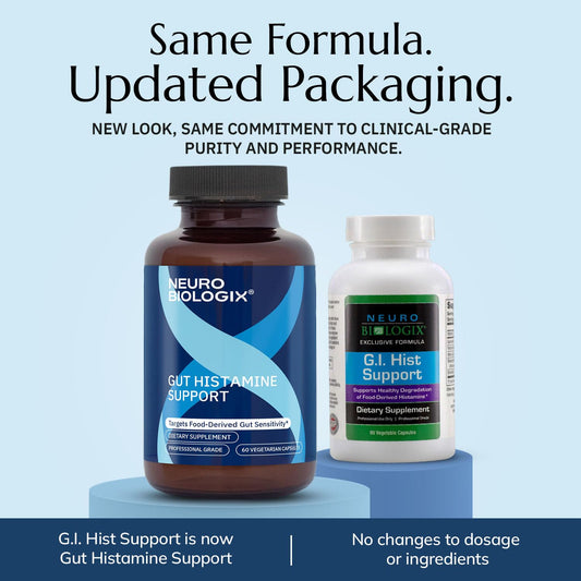 Neurobiologix Gut Histamine Support bottle back with dosing and dietary notes