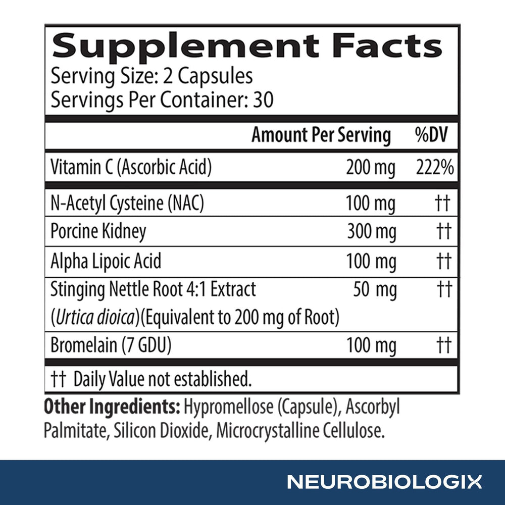 Packaging display of Neurobiologix Gut Histamine Support highlighting gluten-free and vegetarian facts