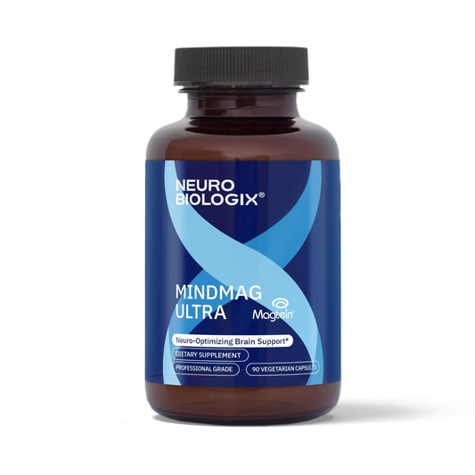 MindMag Ultra bottle front shows the Neurobiologix branding, signaling trusted cognitive support.