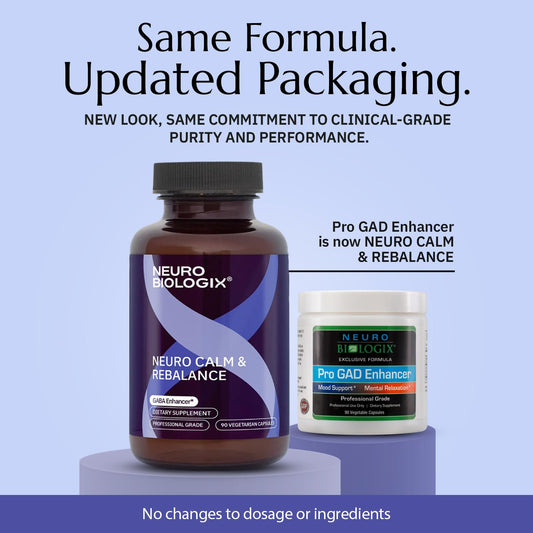 Neurobiologix Neuro Calm Rebalance capsules close-up emphasizing daily dosing