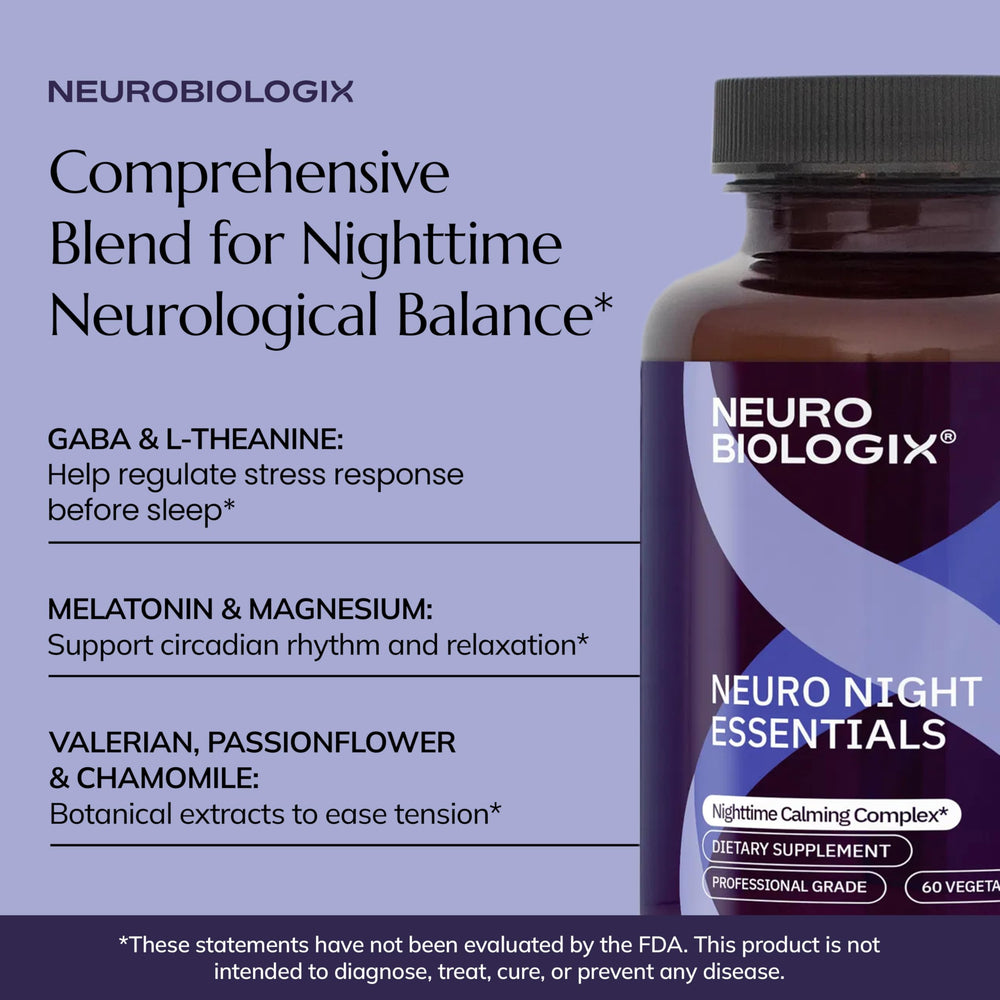 Neuro Night Essentials on a bedside table beside a lamp for relaxation.