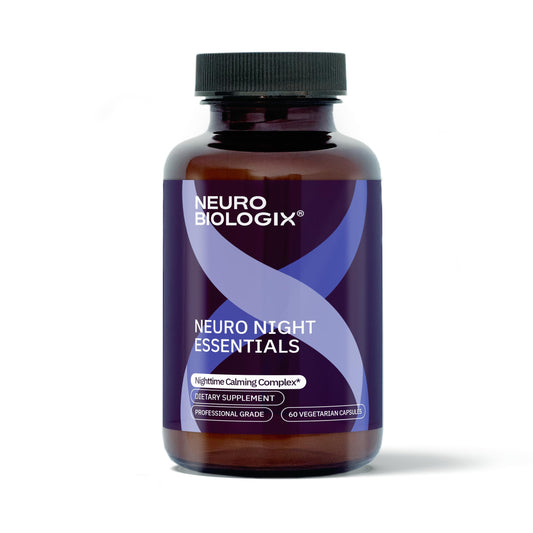 Neurobiologix Neuro Night Essentials bottle label promoting a calm nightly routine.