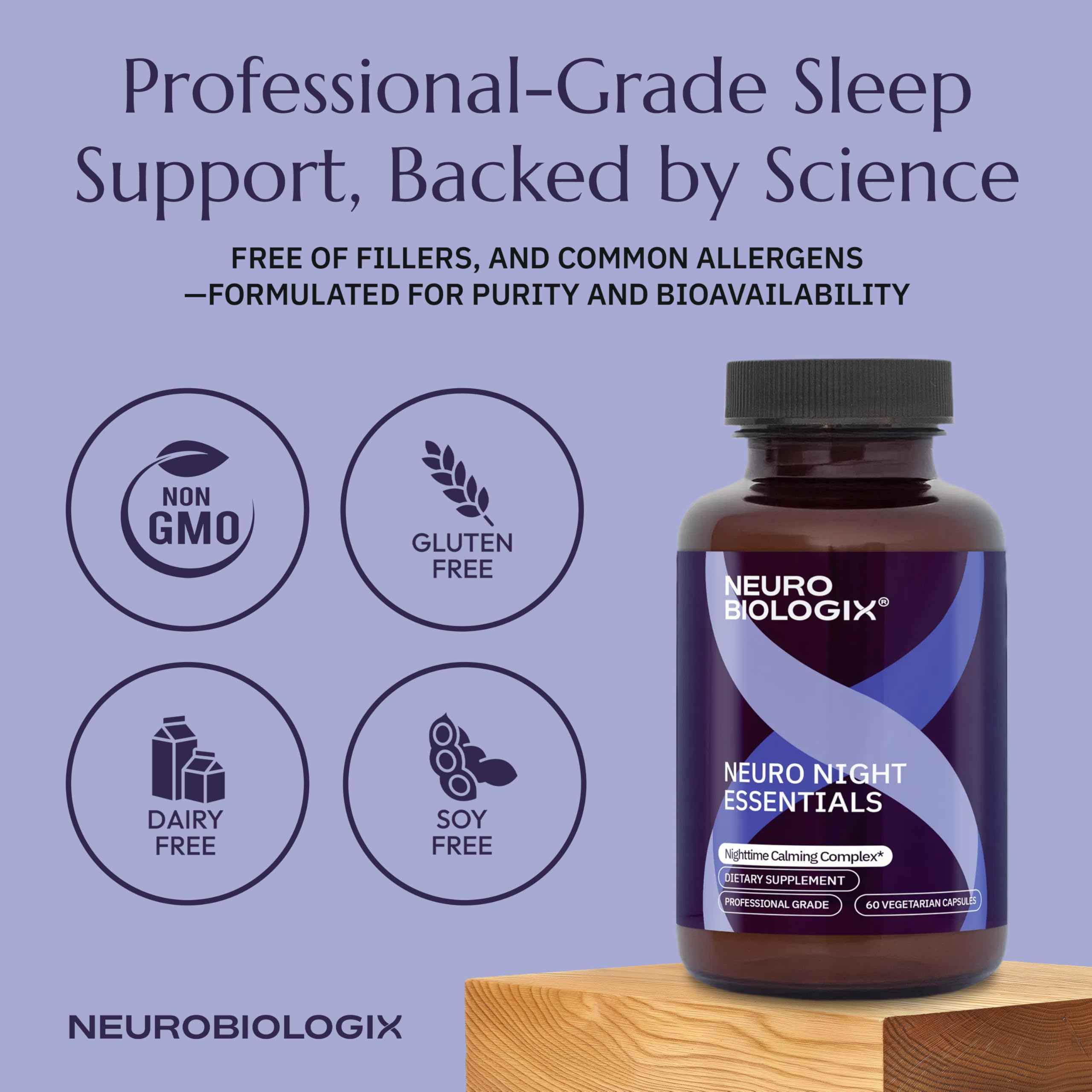 Neuro Night Essentials packaging shows gluten-free and GMO-free attributes.