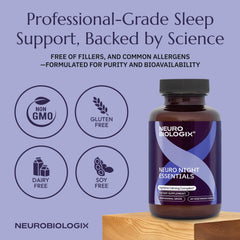 Neuro Night Essentials packaging shows gluten-free and GMO-free attributes.