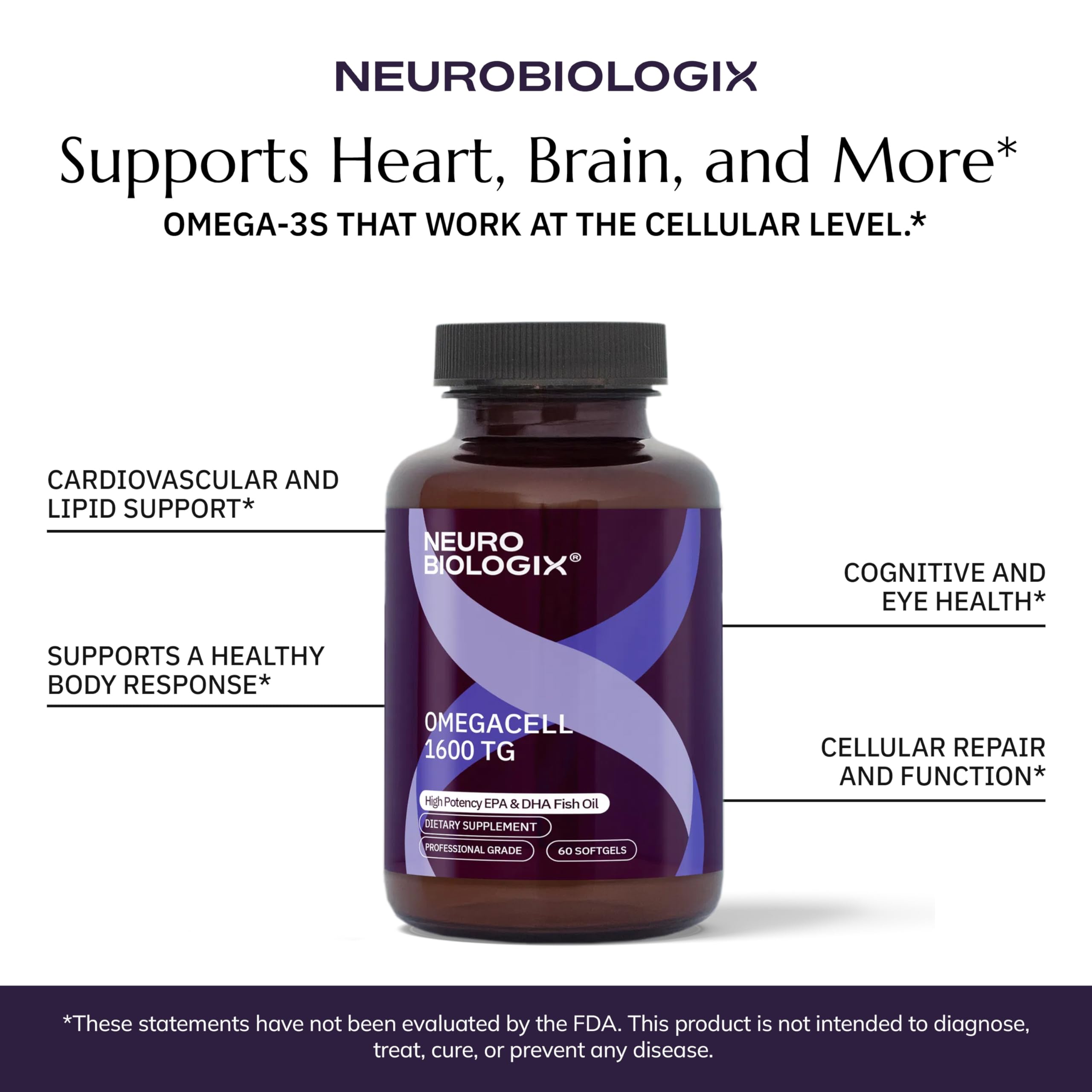 Neurobiologix OmegaCell 1600 TG daily-use bottle on kitchen counter