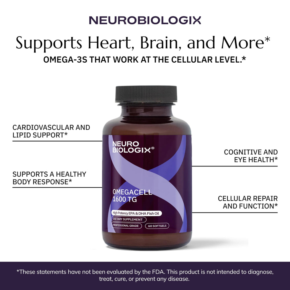 Neurobiologix OmegaCell 1600 TG daily-use bottle on kitchen counter