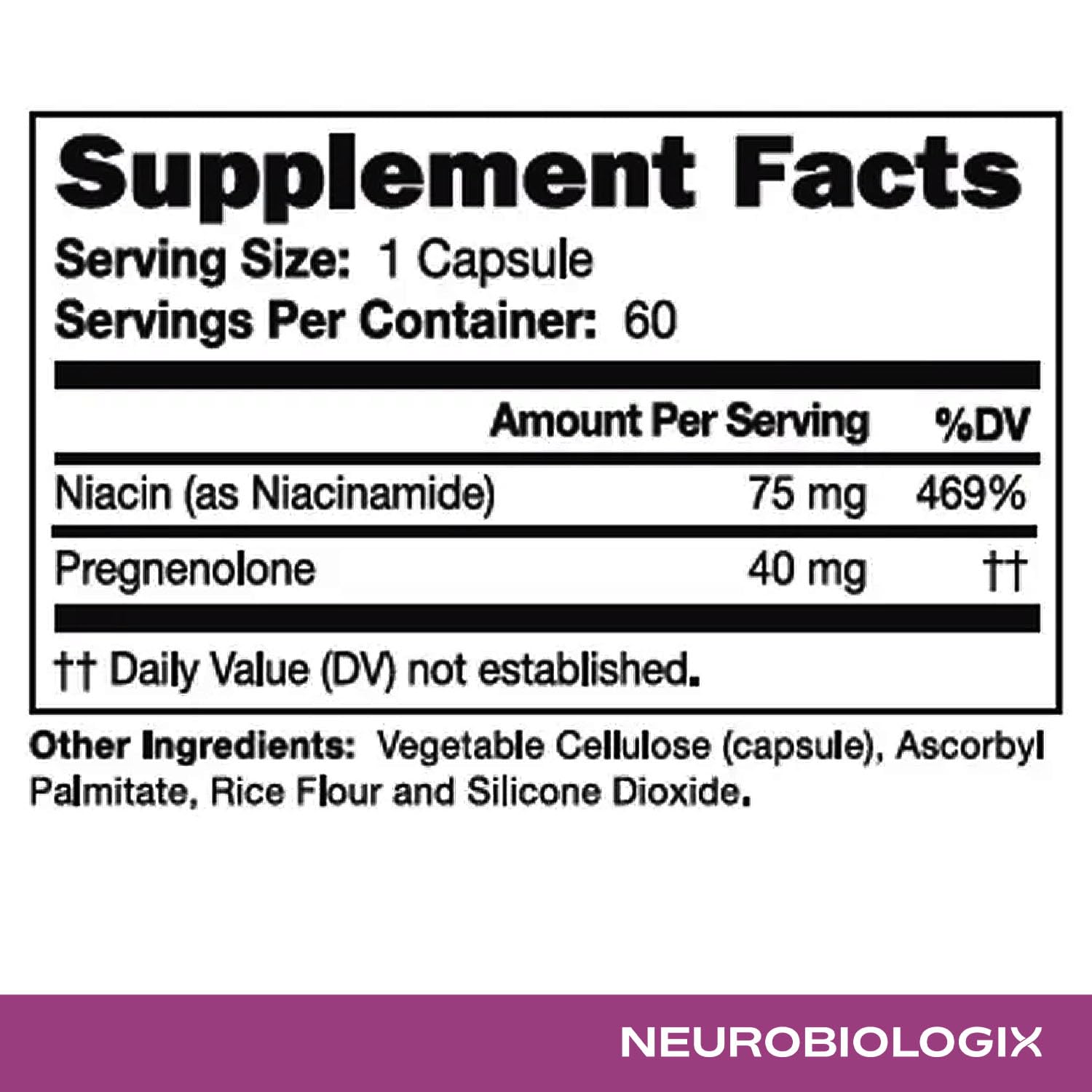 Nutrition facts panel on Neurobiologix Pregnenolone Plus showing non GMO and gluten free