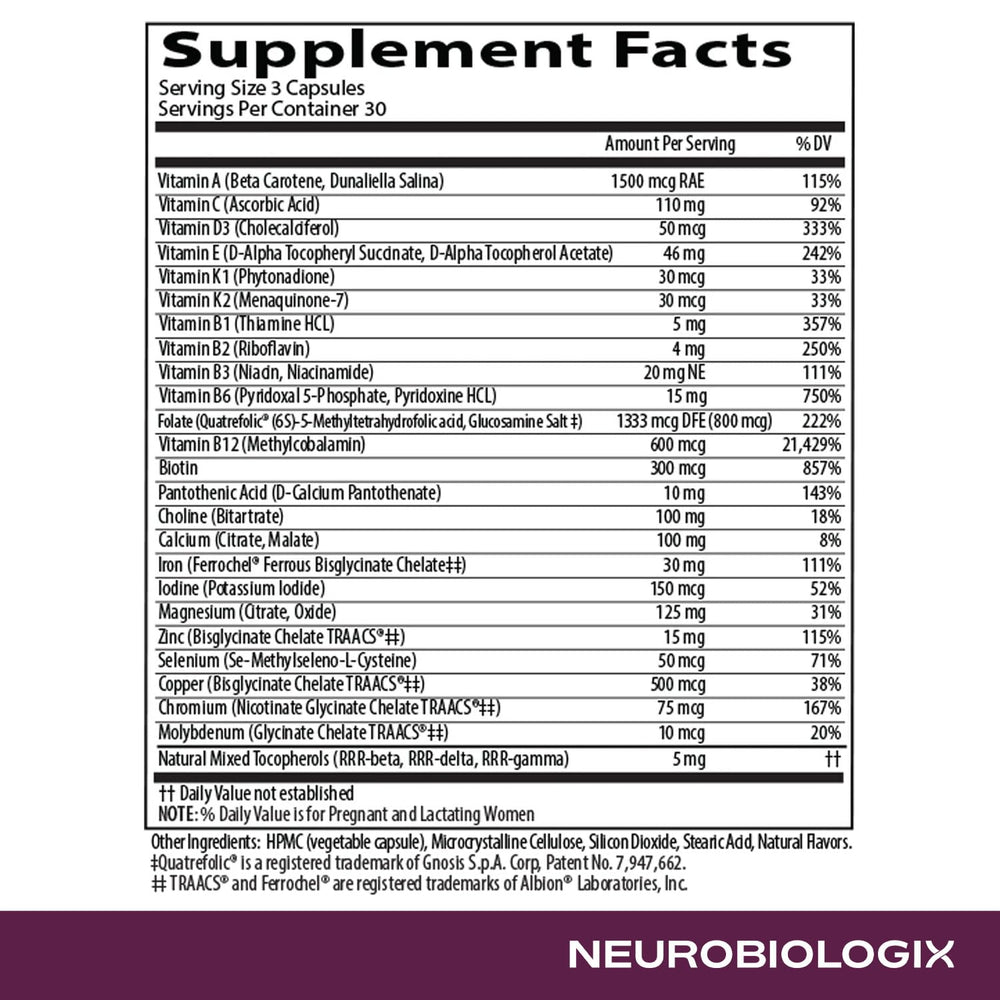 Neurobiologix Prenatal Evolved bottle with dosage instructions for daily use.