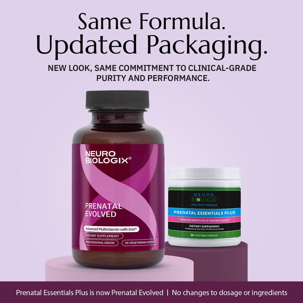 Neurobiologix Prenatal Evolved bottle label closeup, highlights methylated folate and choline.