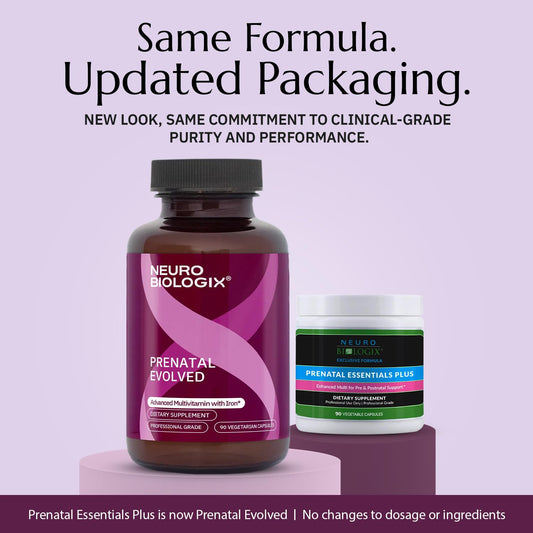 Neurobiologix Prenatal Evolved bottle label closeup, highlights methylated folate and choline.