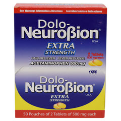Neurobion Dolo extra-strength formulation in convenient travel packaging.