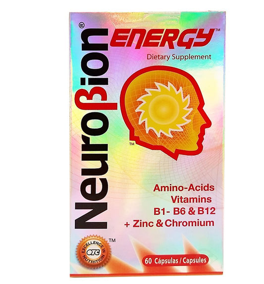 Neurobion energy amino acids bottle with 60-count pack for daily use.