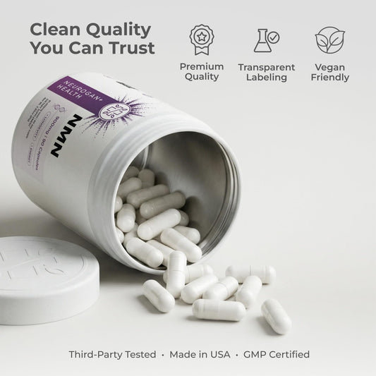 Neurogan Beta NMN bottle back emphasizes 900 mg per serving and 99.6% purity for consistency.