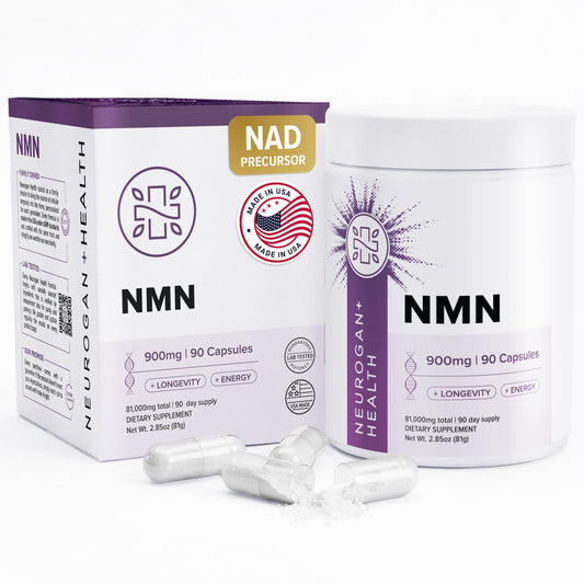 Neurogan Beta NMN bottle front showing a high-purity NAD+ precursor for daily energy support.