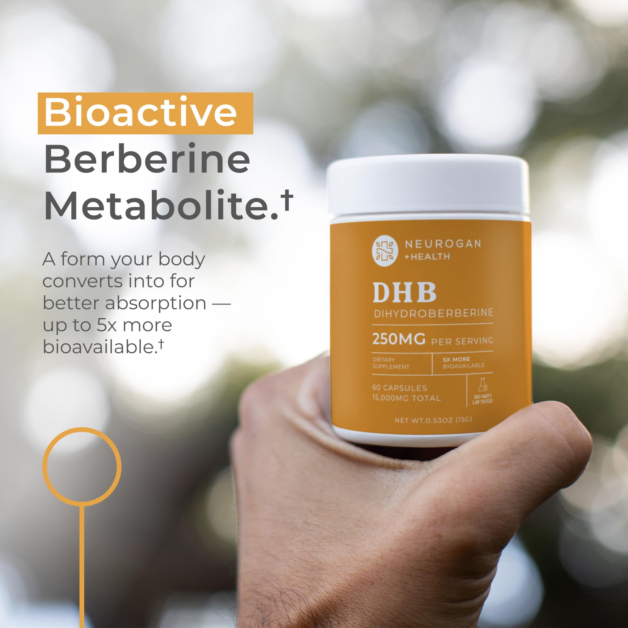Neurogan DHB capsules in hand suggesting on-the-go use.