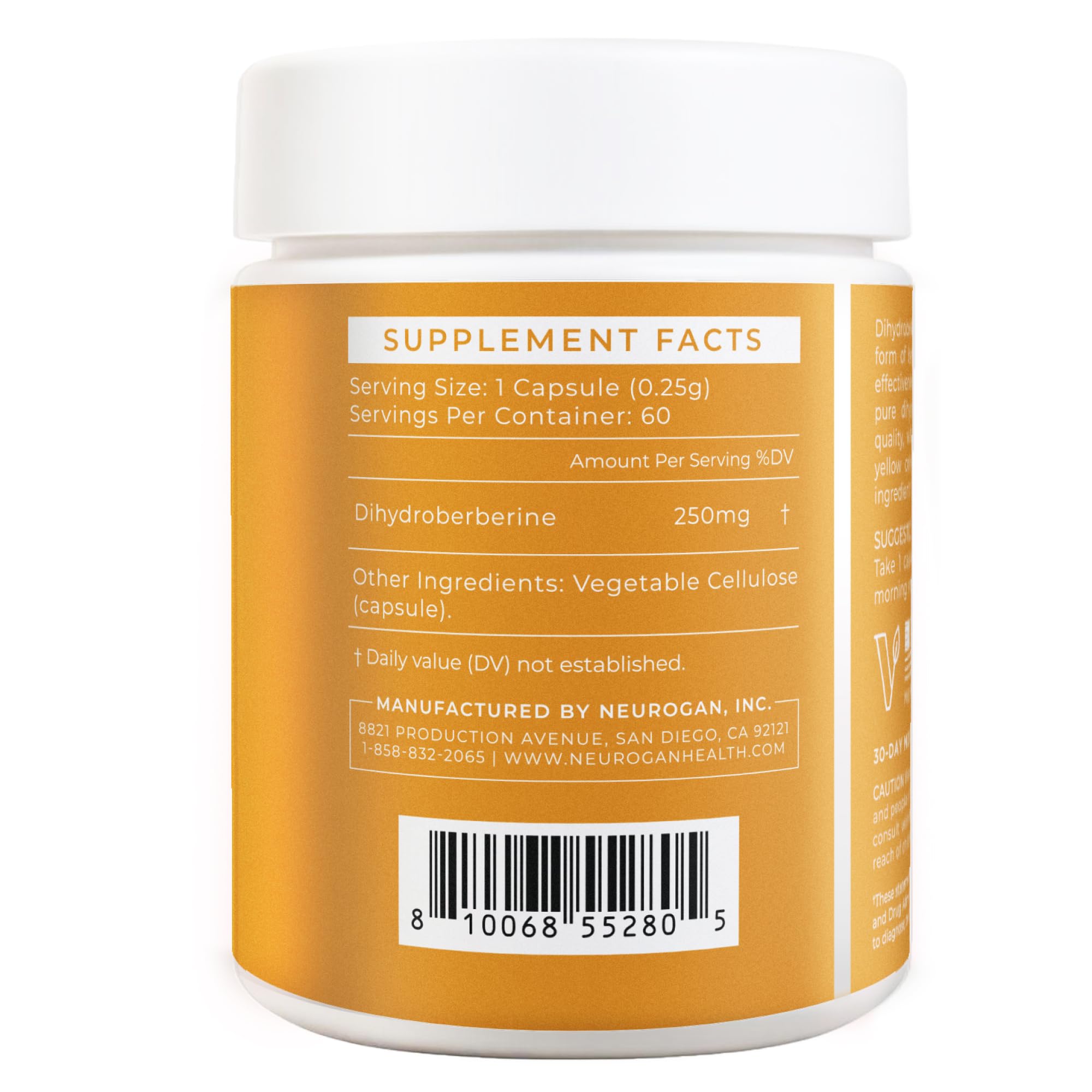 Neurogan DHB capsules label closeup emphasizing purity and bioavailability.