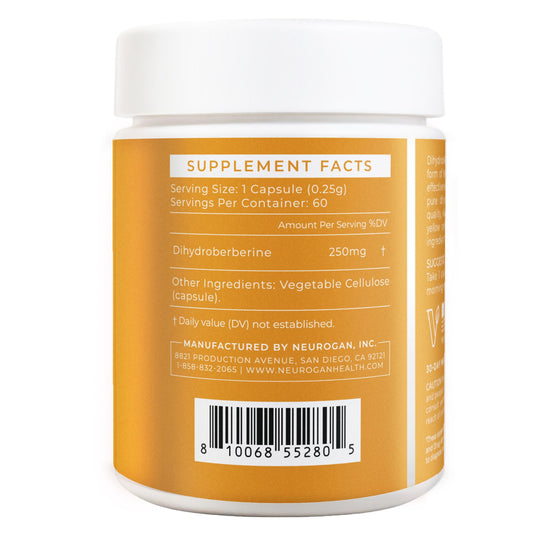Neurogan DHB capsules label closeup emphasizing purity and bioavailability.