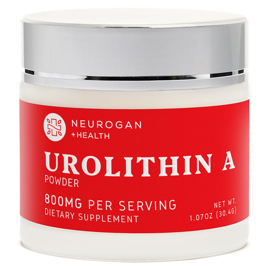 Neurogan Health Urolithin A Powder bottle close-up highlights purity and clean sourcing for postbiotic support.