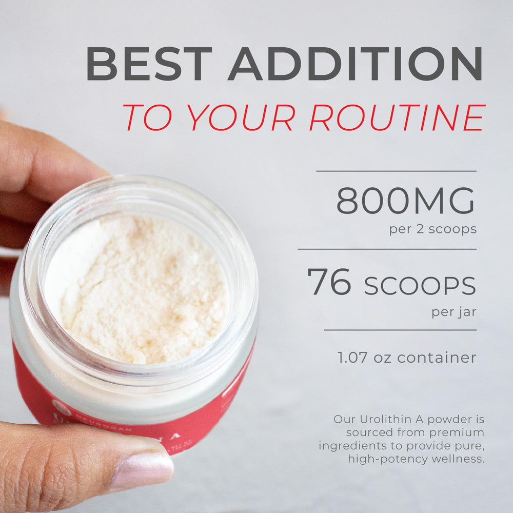 Glass jar label featuring Neurogan Urolithin A shows natural sourcing and potency.