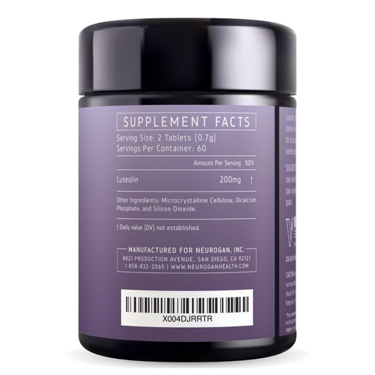 Neurogan Luteolin bottle label highlighting brain support benefits.