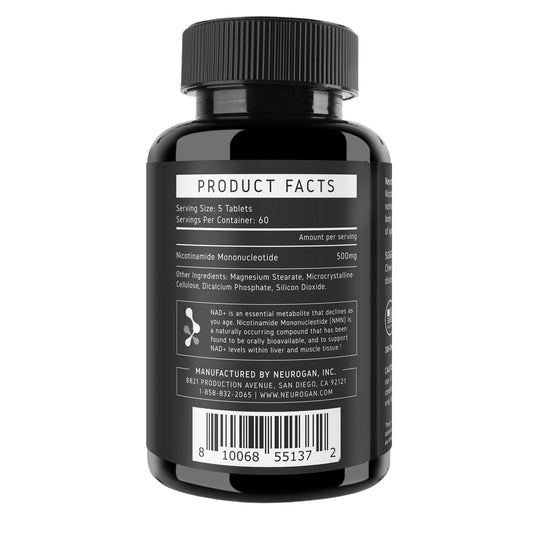 Neurogan NMN capsules close-up highlighting 500 mg per serving.