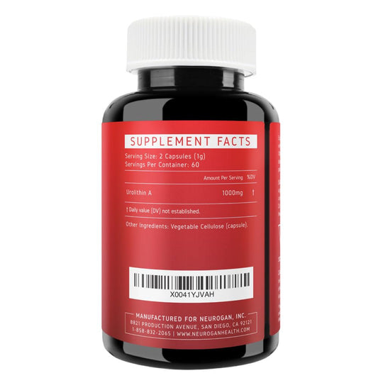 Close-up of Neurogan Urolithin A PRO capsules highlighting ultra-micronized form.