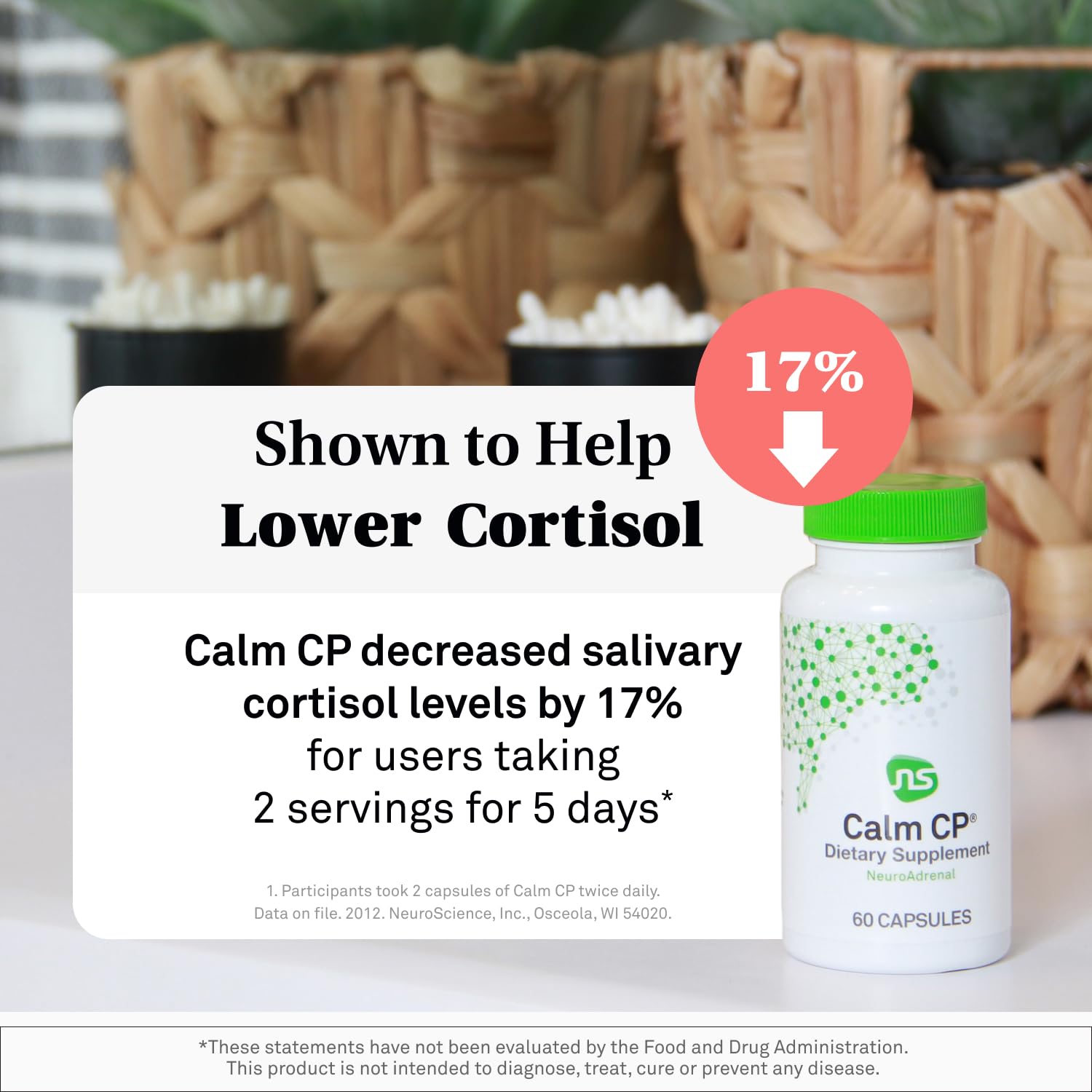 Bottle pouring NeuroScience Neuro Adrenal capsules suggests simple daily routine.