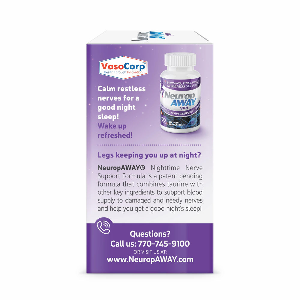 NeuropAWAY Nerve Support PM bottle label highlights patent-pending formula.