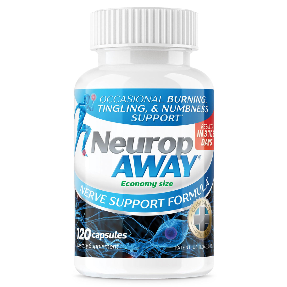 NeuropAWAY nerve support bottle close-up with capsules for nerve comfort support