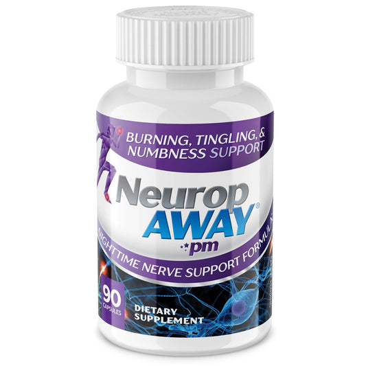 NeuropAWAY Nerve Support PM bottle shows a calming night routine for nerve comfort.