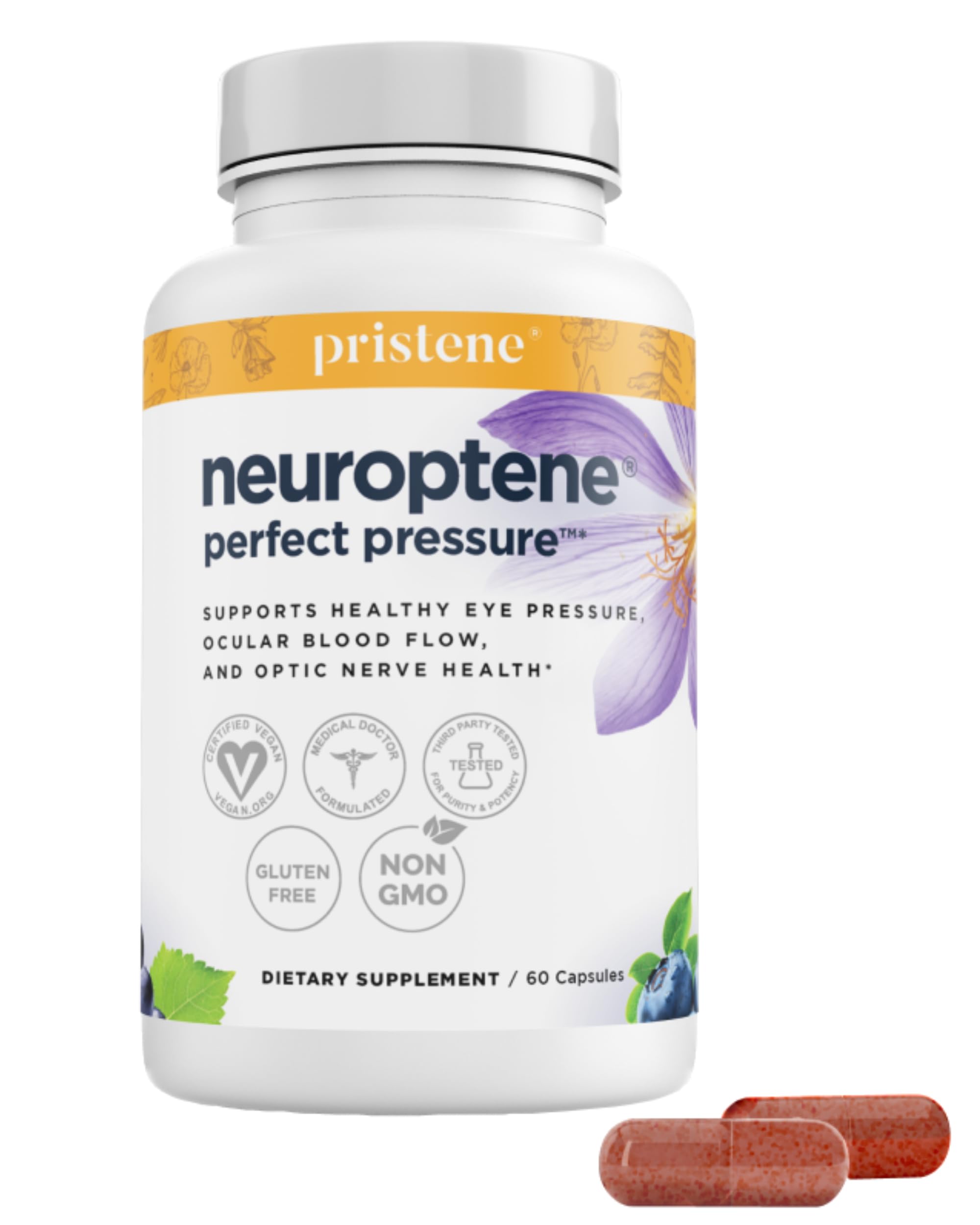 Neuroptene bottle pour showing easy-to-take capsules that may support eye pressure and blood flow