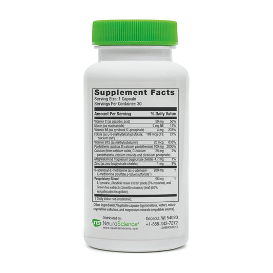 NeuroScience AdreCor capsules closeup highlighting L-Tyrosine and Rhodiola.