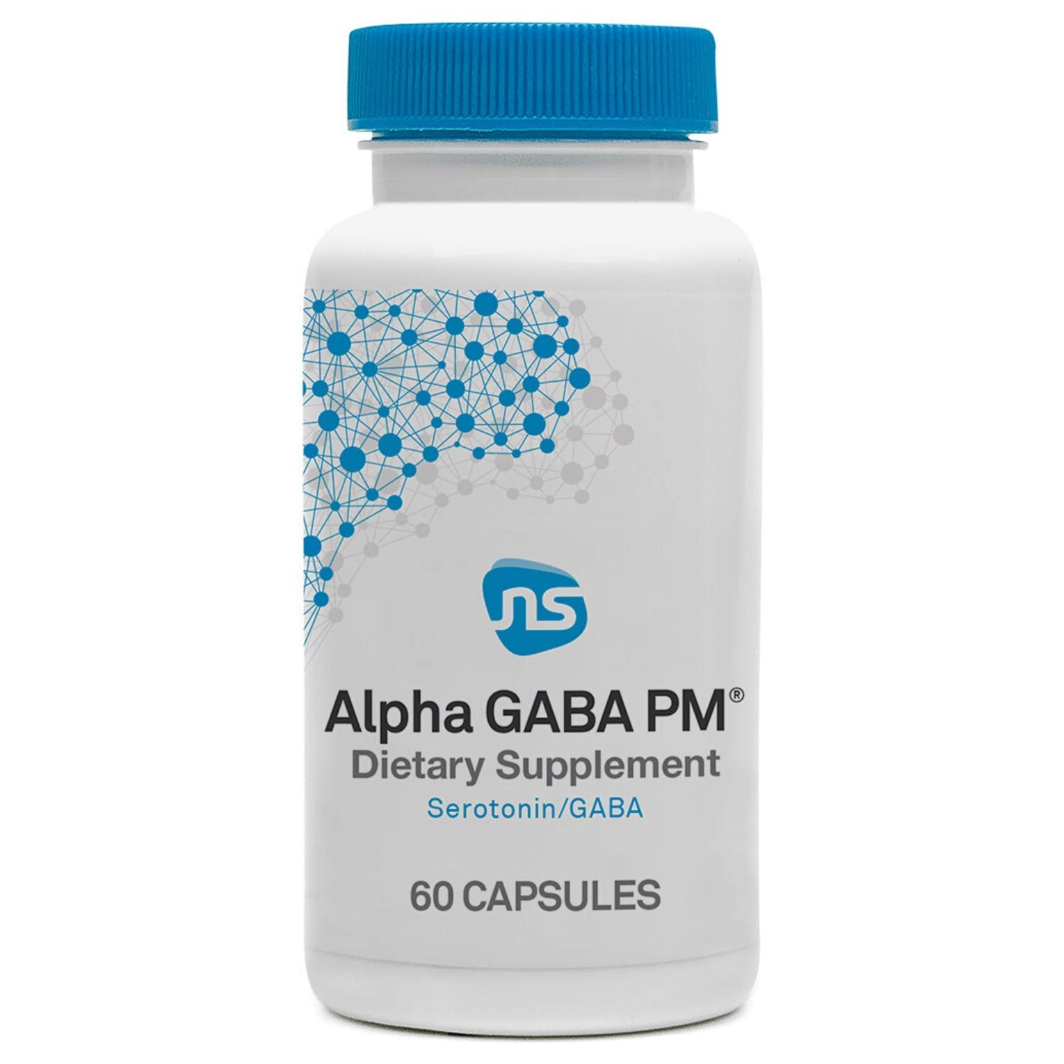 NeuroScience Alpha GABA PM bottle on a nightstand for bedtime calm
