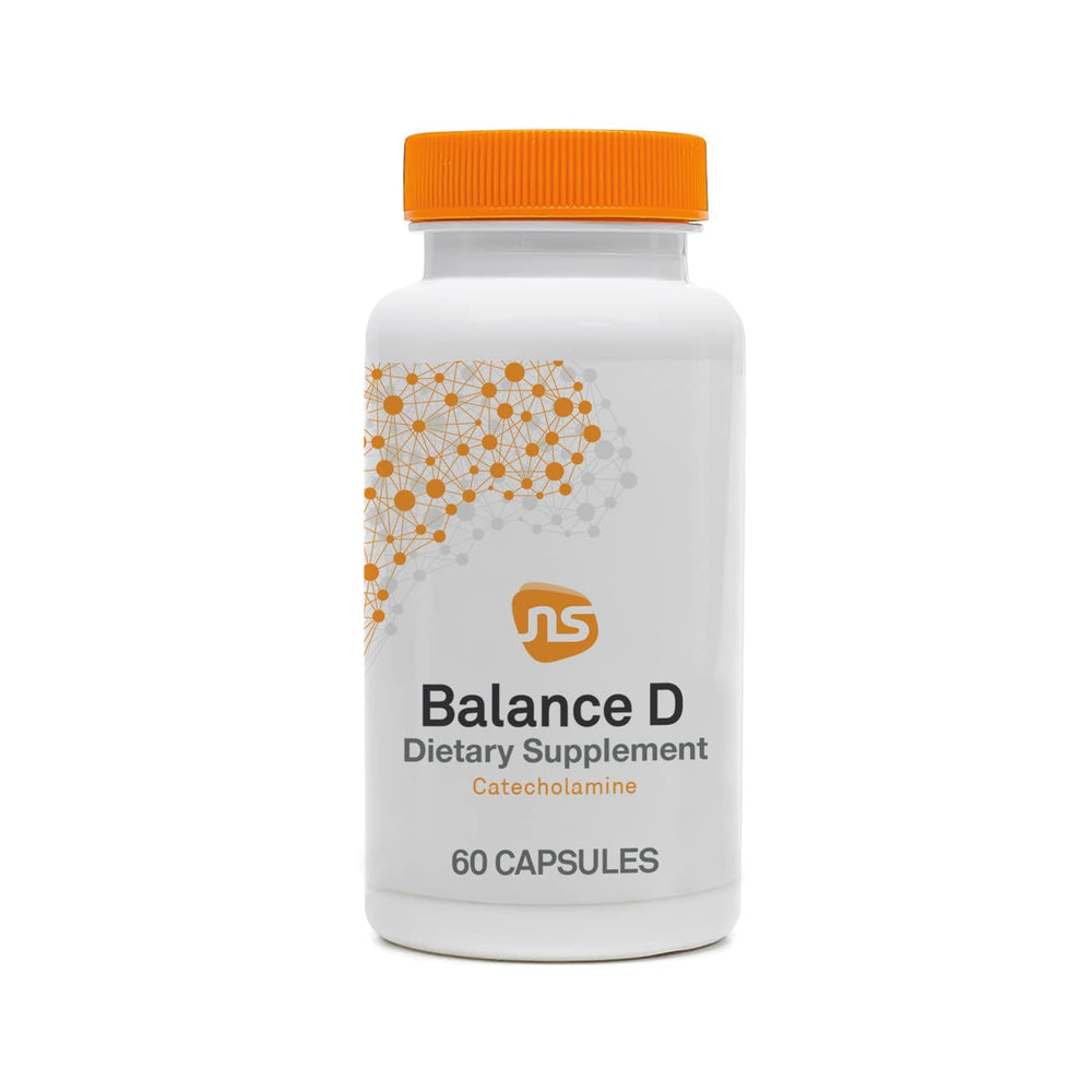 NeuroScience Balance D bottle label highlights mood support and cognitive focus benefits.