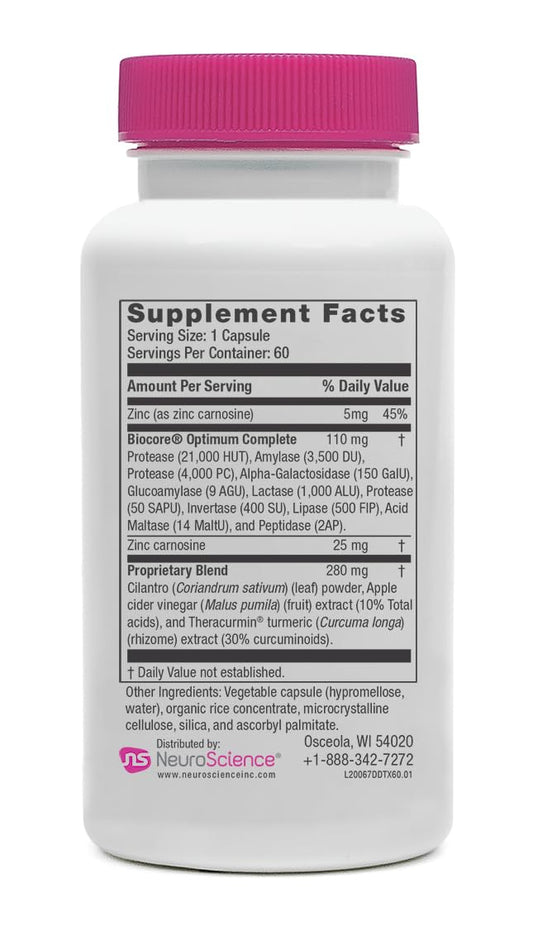 NeuroScience Digest DTX label close-up emphasizing gut health ingredients