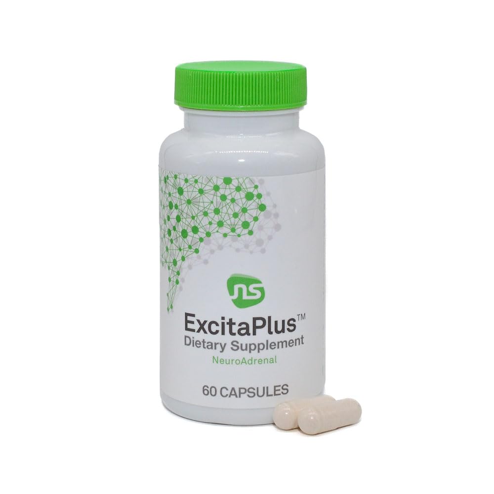 NeuroScience ExcitaPlus bottle front view highlighting adrenal support formula.