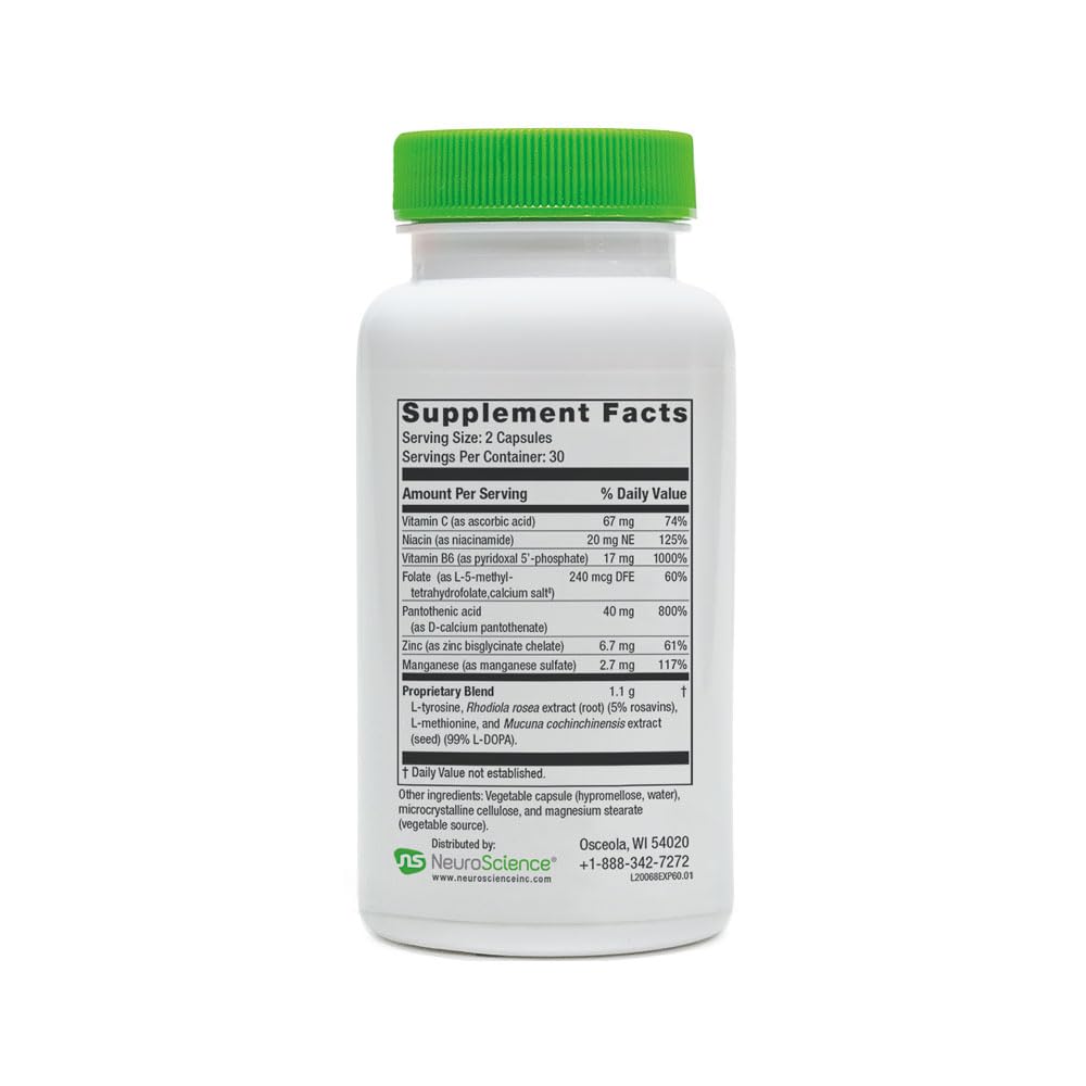 NeuroScience ExcitaPlus bottle with glass and soft lighting lifestyle setup.