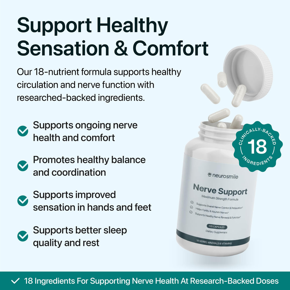 NEUROSMILE ingredient blend graphic highlights the 18 nutrients supporting vitality.