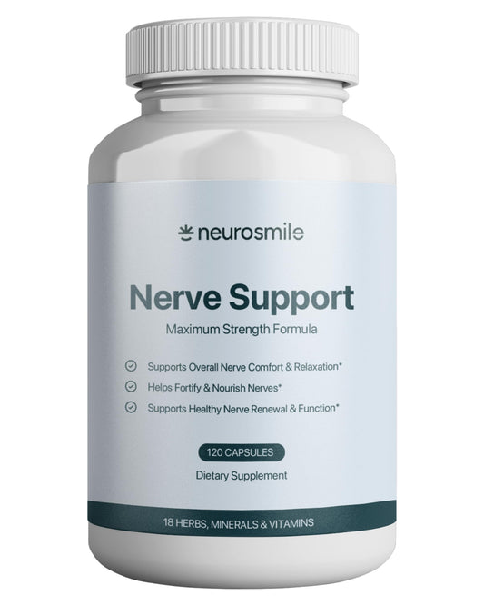 NEUROSMILE nerve-support bottle front shows a complete capsule formula for daily wellness.