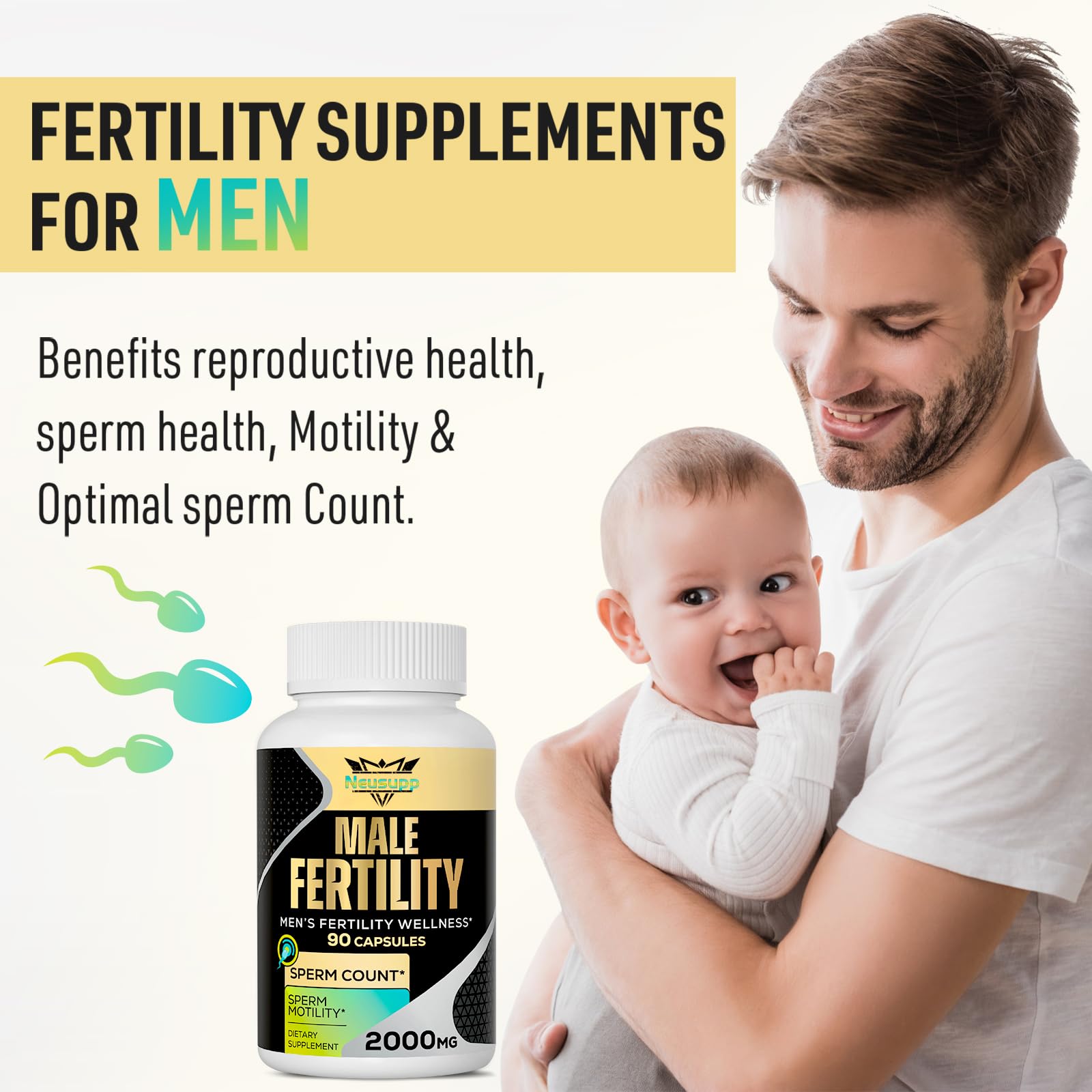 Neusupp fertility supplement capsules close-up highlighting convenient daily capsules for men.