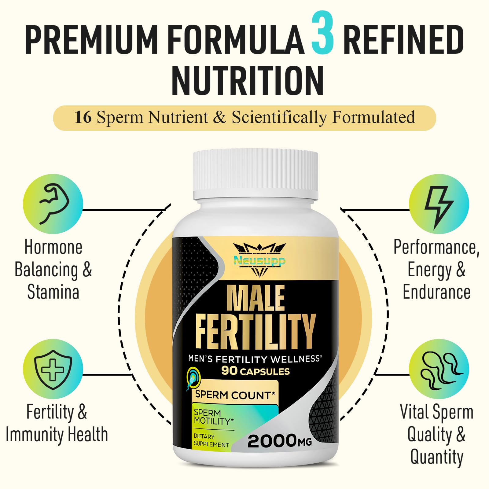 Neusupp fertility maca root ingredient visible signaling natural support.