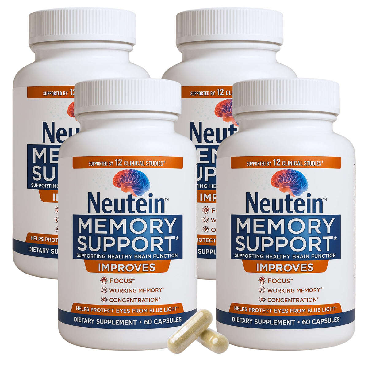 Neutein Memory & Focus bottle front view promotes daily mental clarity.
